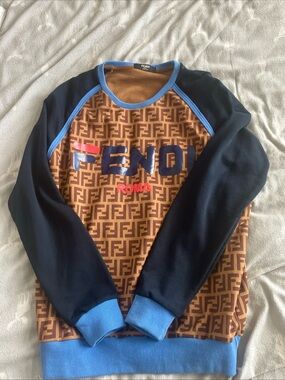 Fendi Brown Monogram Crewneck Sweater with Black Sleeves and Blue Trim